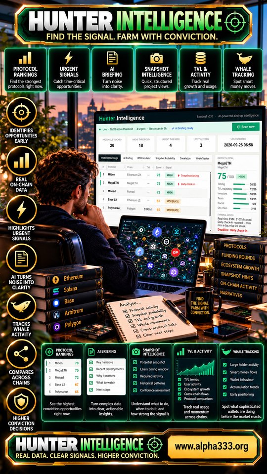 Hunter Intelligence brand card: on-chain opportunity signals and www.alpha333.org