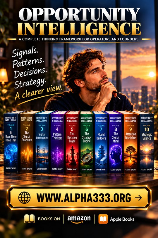 Opportunity Intelligence brand card: the ten-volume book series and www.alpha333.org